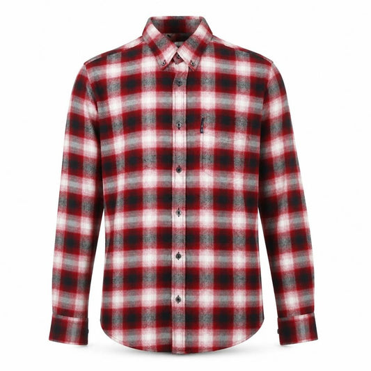 Front view of Ben Sherman Men's Red Check Long Sleeve Button-Up Shirt, size M