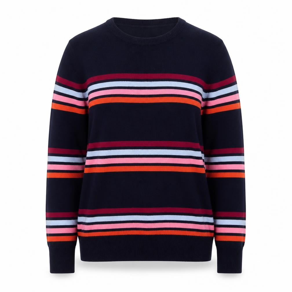 Front view of M&Co Women’s Navy Striped Crew Neck Jumper, size UK 14