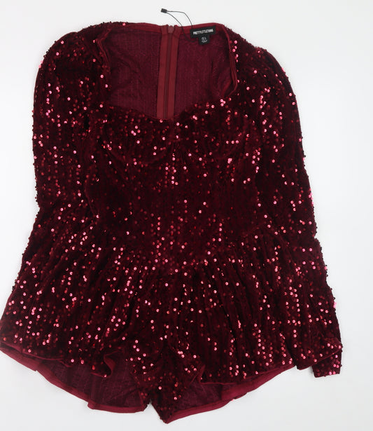 PrettyLittleThing Women Red Velvet Sequin Playsuit UK 8 Long Sleeve
