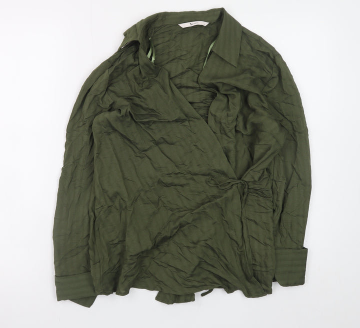 Tu Women Green Wrap Blouse Size 8 Viscose Long Sleeve Top