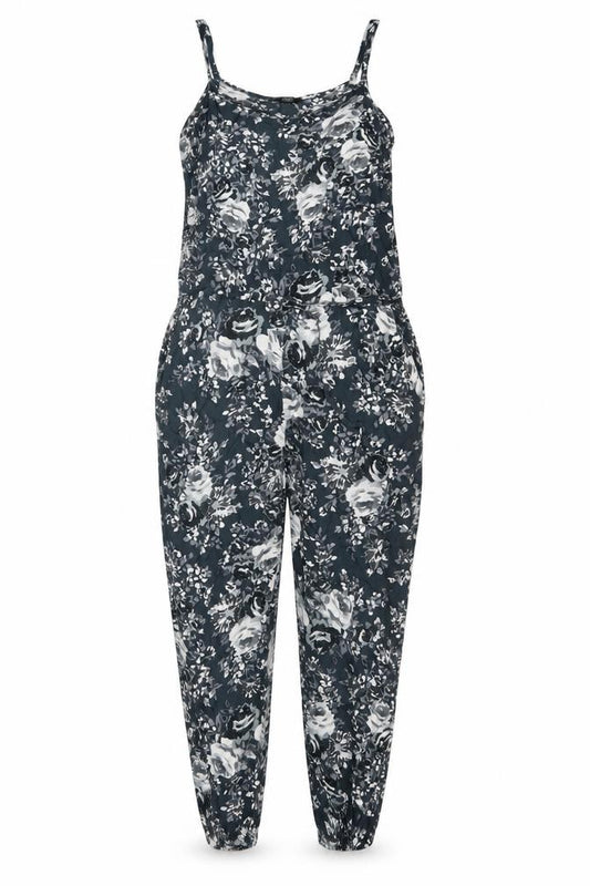 Front view of F&F Women Black Floral Sleeveless Jumpsuit, size 10, Viscose Casual Style