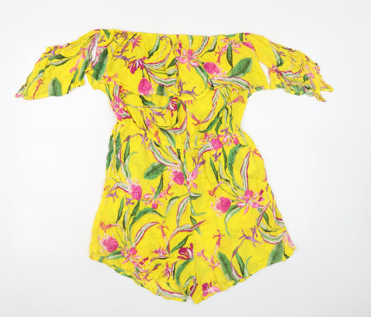 Peacocks Women’s Yellow Floral Off Shoulder Playsuit Size L Viscose Summer
