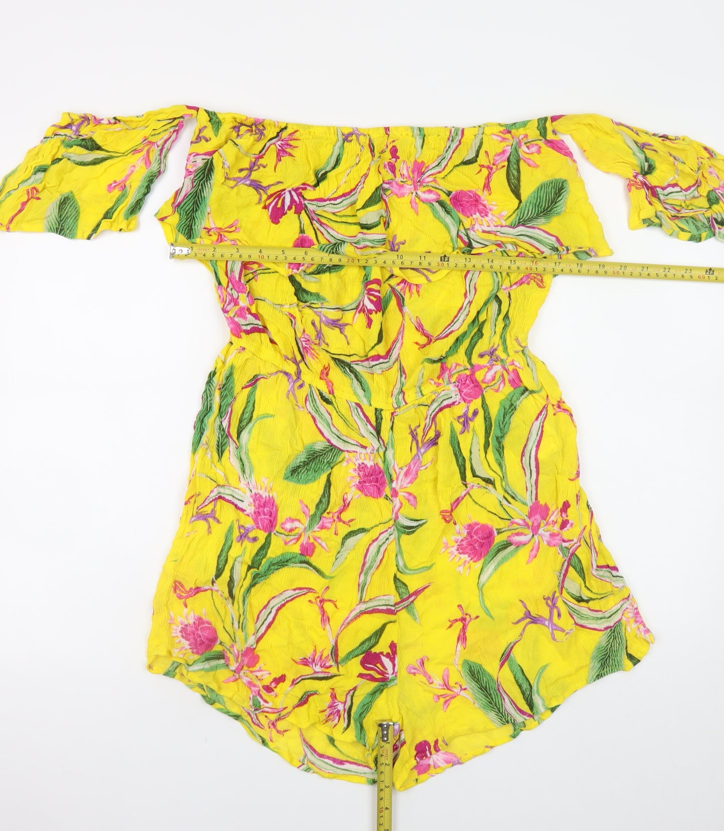 Peacocks Women’s Yellow Floral Off Shoulder Playsuit Size L Viscose Summer