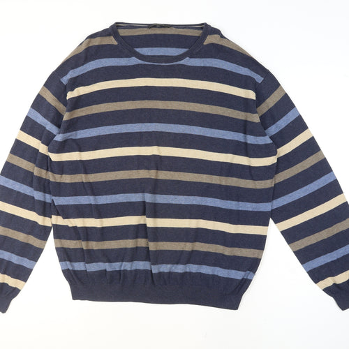 Jaeger Men's Blue Striped Cotton Crew Neck Jumper XL
