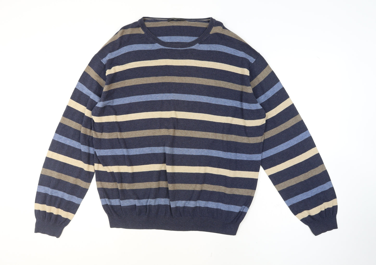 Jaeger Men's Blue Striped Cotton Crew Neck Jumper XL