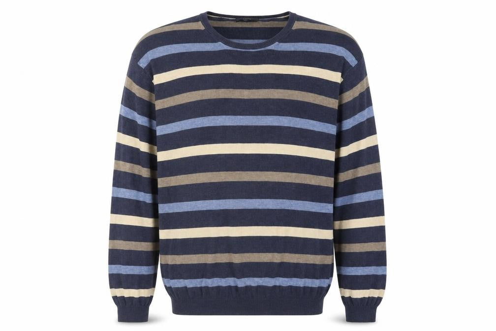 Front view of Jaeger Men's Blue Striped Cotton Crew Neck Jumper XL