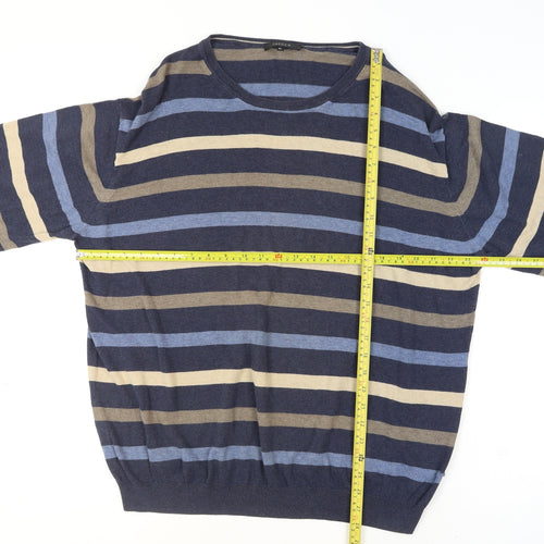 Jaeger Men's Blue Striped Cotton Crew Neck Jumper XL