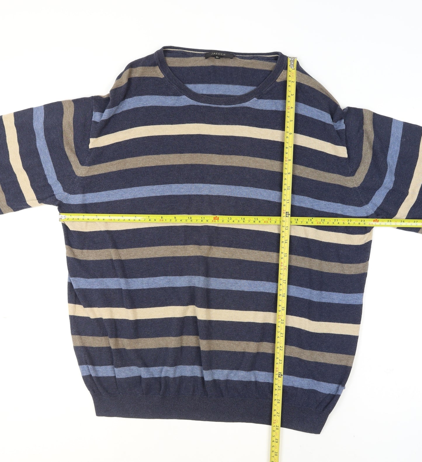 Jaeger Men's Blue Striped Cotton Crew Neck Jumper XL