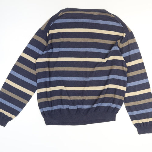 Jaeger Men's Blue Striped Cotton Crew Neck Jumper XL