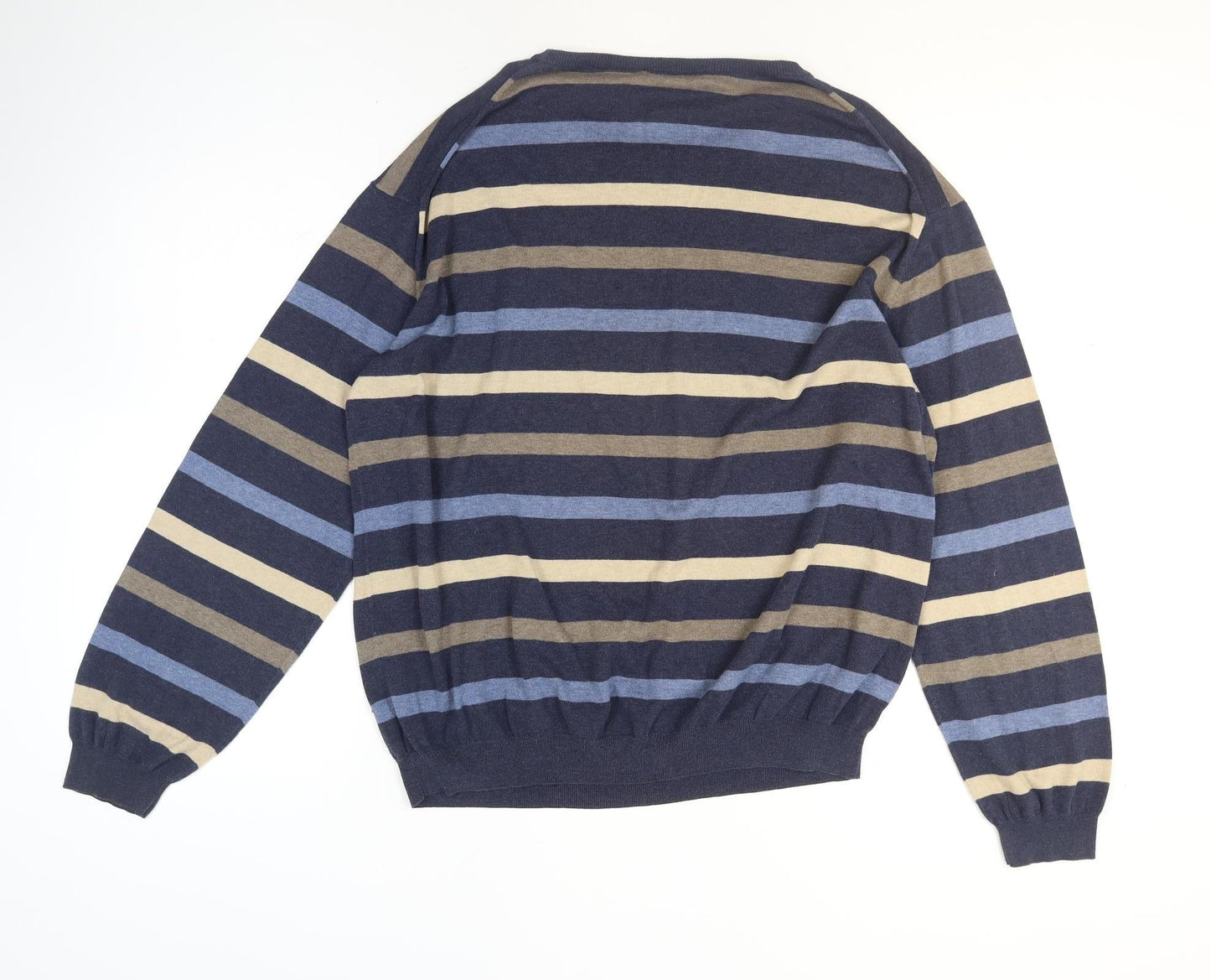 Jaeger Men's Blue Striped Cotton Crew Neck Jumper XL