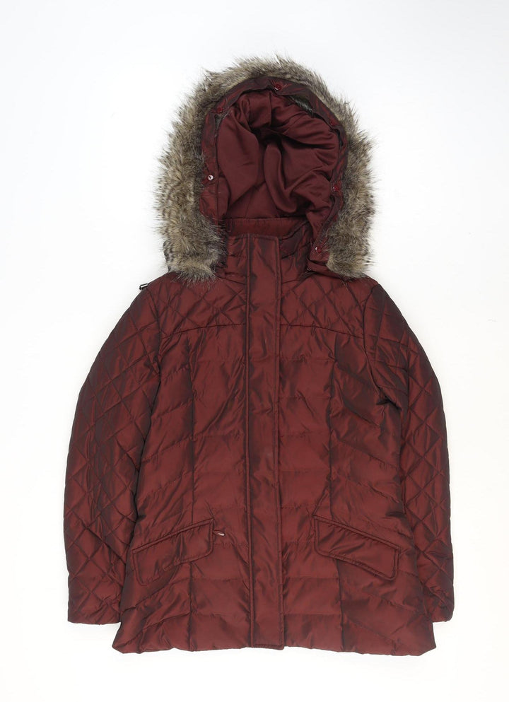 Monsoon Women's Red Quilted Puffer Coat Size S Hooded Winter Jacket