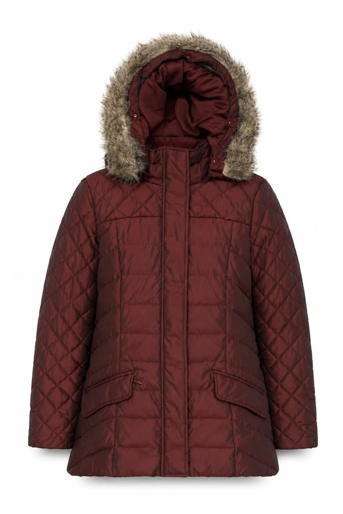 Front view of Monsoon Women's Red Quilted Puffer Coat, size S, Hooded Winter Jacket