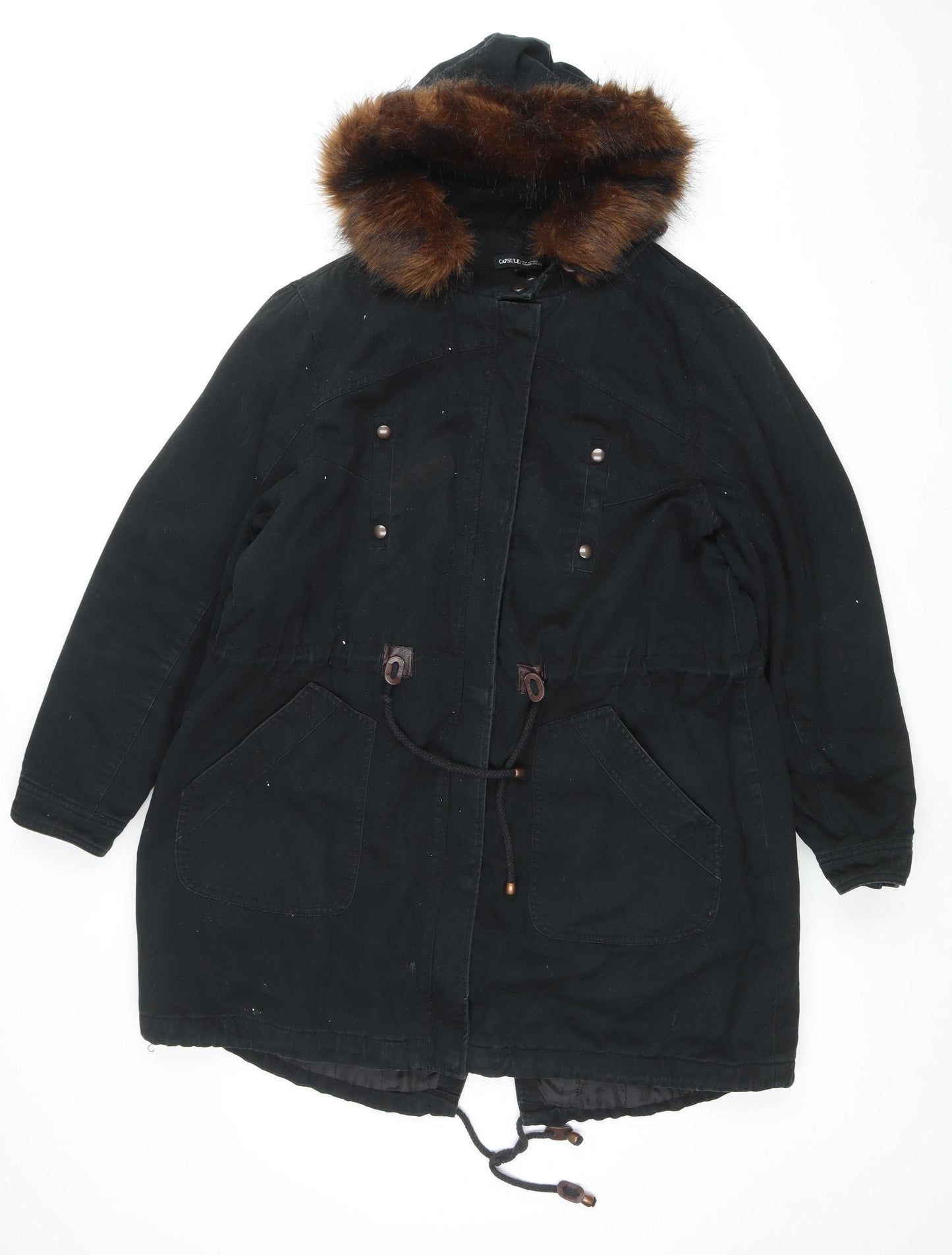 Capsule Women’s Black Faux Fur Hooded Cotton Parka Coat Size 20