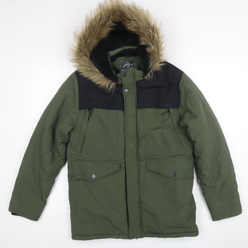 George Boys Green Parka Coat 14-15 Years Faux Fur Hood Winter Jacket