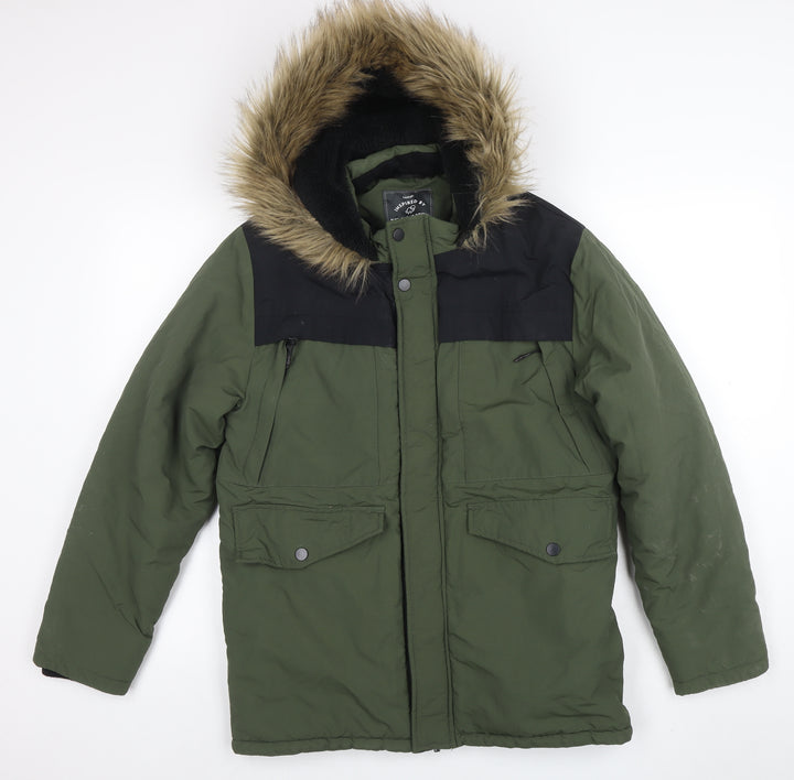 George Boys Green Parka Coat 14-15 Years Faux Fur Hood Winter Jacket