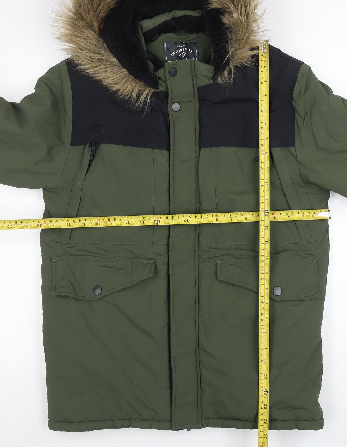 George Boys Green Parka Coat 14-15 Years Faux Fur Hood Winter Jacket