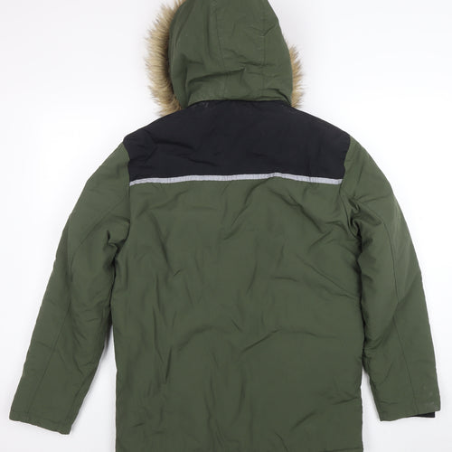 George Boys Green Parka Coat 14-15 Years Faux Fur Hood Winter Jacket