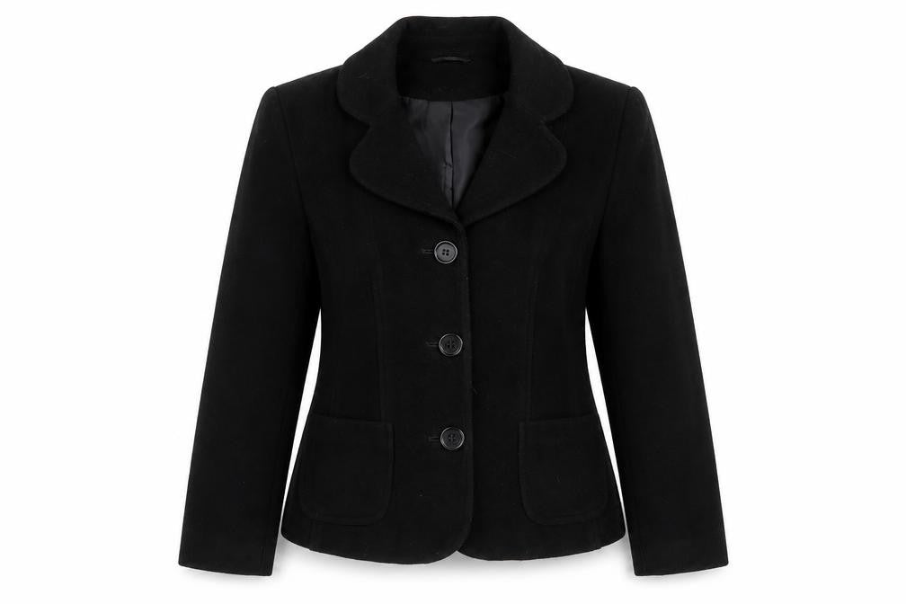 Front view of Dorothy Perkins Women's Black Wool Blazer, size 12, Classic Lined Smart Jacket