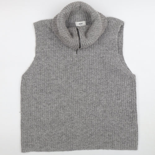 OBJECT Women Grey Roll Neck Sleeveless Rib Knit Vest L