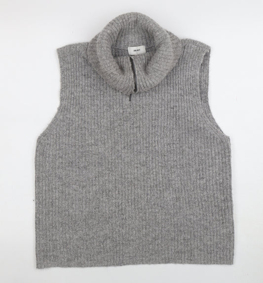 OBJECT Women Grey Roll Neck Sleeveless Rib Knit Vest L