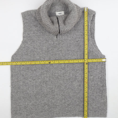 OBJECT Women Grey Roll Neck Sleeveless Rib Knit Vest L