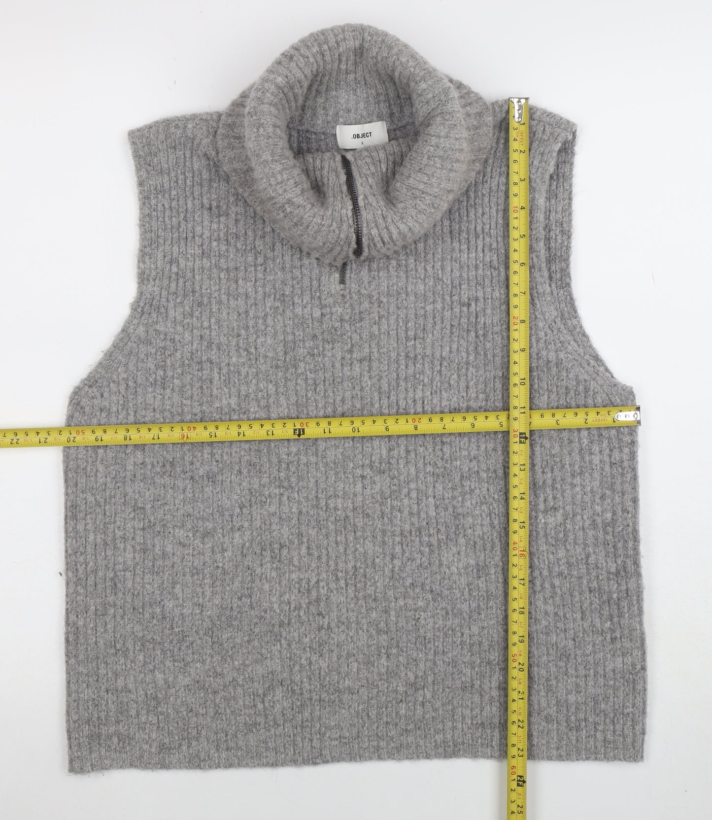 OBJECT Women Grey Roll Neck Sleeveless Rib Knit Vest L