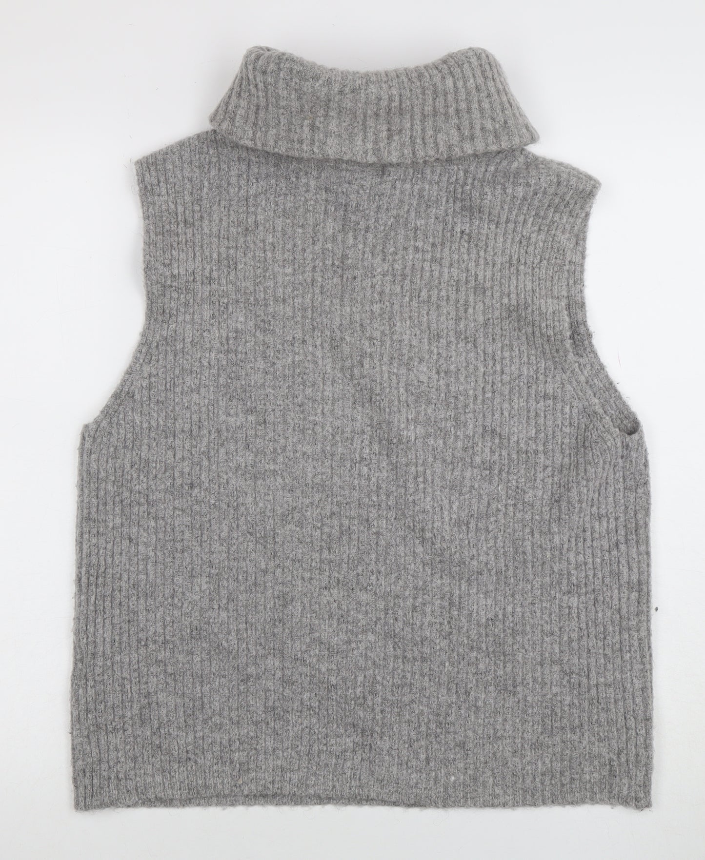 OBJECT Women Grey Roll Neck Sleeveless Rib Knit Vest L