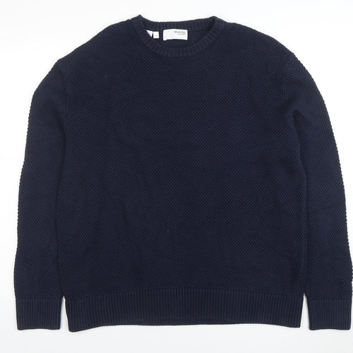 SELECTED HOMME Men’s Blue Cotton Crew Neck Waffle Knit Jumper L