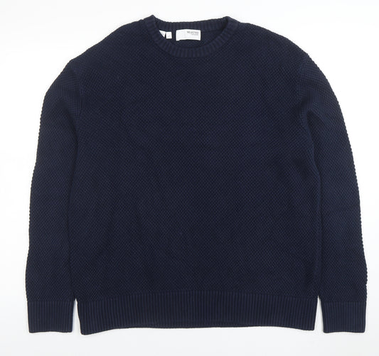 SELECTED HOMME Men’s Blue Cotton Crew Neck Waffle Knit Jumper L