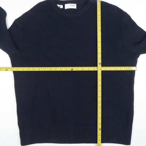 SELECTED HOMME Men’s Blue Cotton Crew Neck Waffle Knit Jumper L