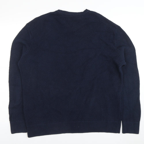 SELECTED HOMME Men’s Blue Cotton Crew Neck Waffle Knit Jumper L