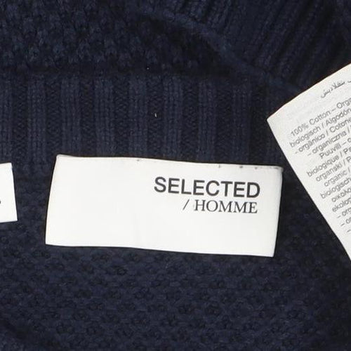 SELECTED HOMME Men’s Blue Cotton Crew Neck Waffle Knit Jumper L