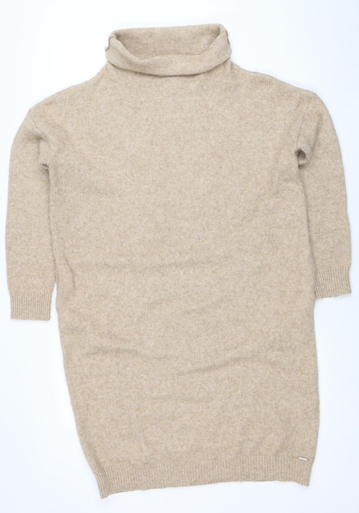 Superdry Women Beige Wool Blend Roll Neck Knit Sweater Dress UK 8