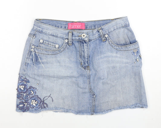 Falmer Women Blue Denim Floral Embroidered Mini Skirt Size 10