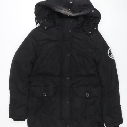Superdry Women's Black Everest Parka Jacket Size 10 Hooded Winter Coat