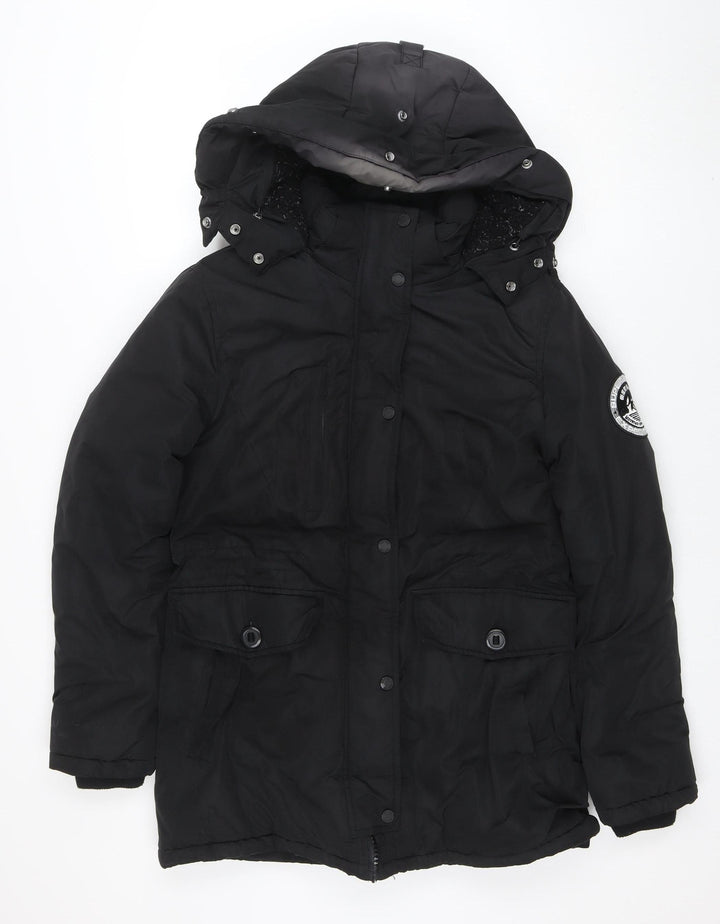 Superdry Women's Black Everest Parka Jacket Size 10 Hooded Winter Coat