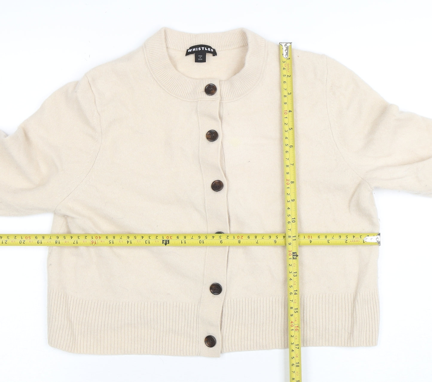 Whistles Women's Beige Wool Crew Neck Button Cardigan M