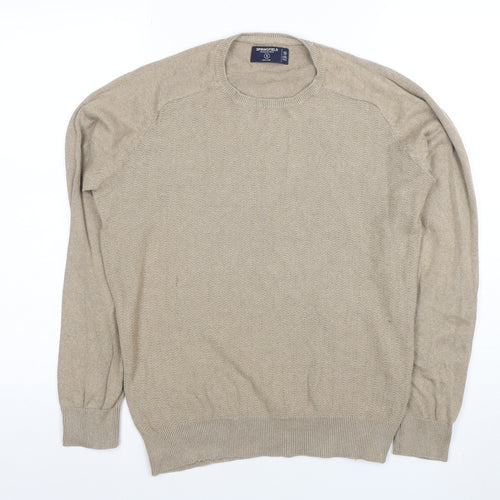 Springfield Men Beige Cotton Blend Crew Neck Pullover Jumper S
