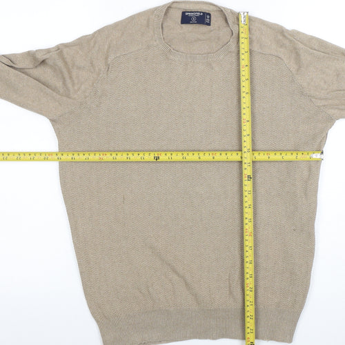 Springfield Men Beige Cotton Blend Crew Neck Pullover Jumper S