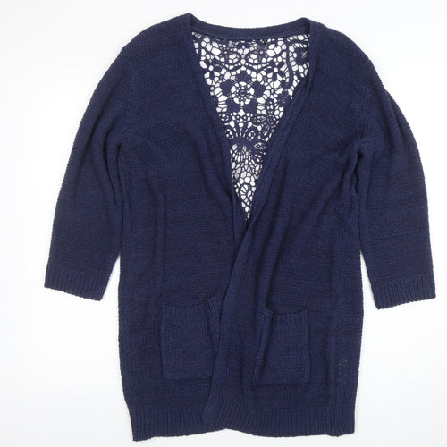 EWM Womens Blue Open Knit Lace Back Cardigan Size M 14-16
