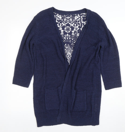 EWM Womens Blue Open Knit Lace Back Cardigan Size M 14-16