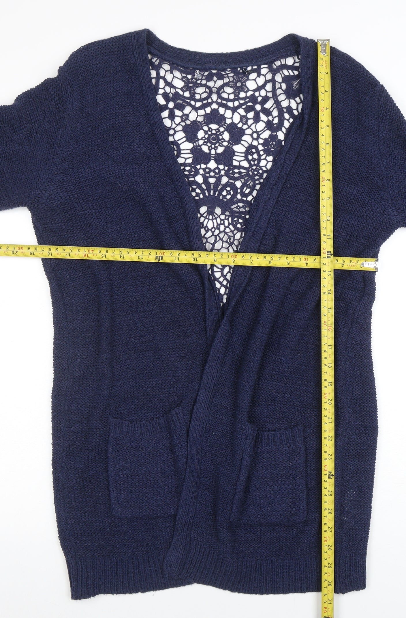 EWM Womens Blue Open Knit Lace Back Cardigan Size M 14-16