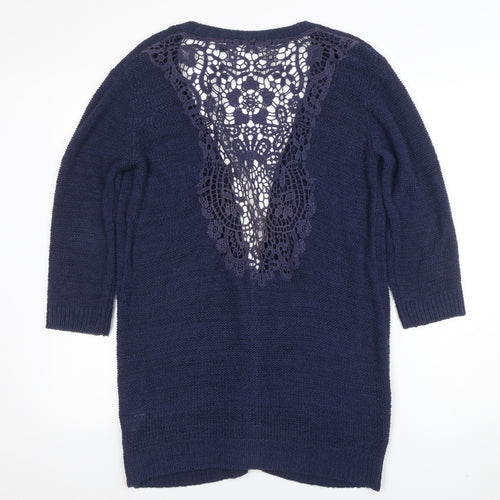 EWM Womens Blue Open Knit Lace Back Cardigan Size M 14-16