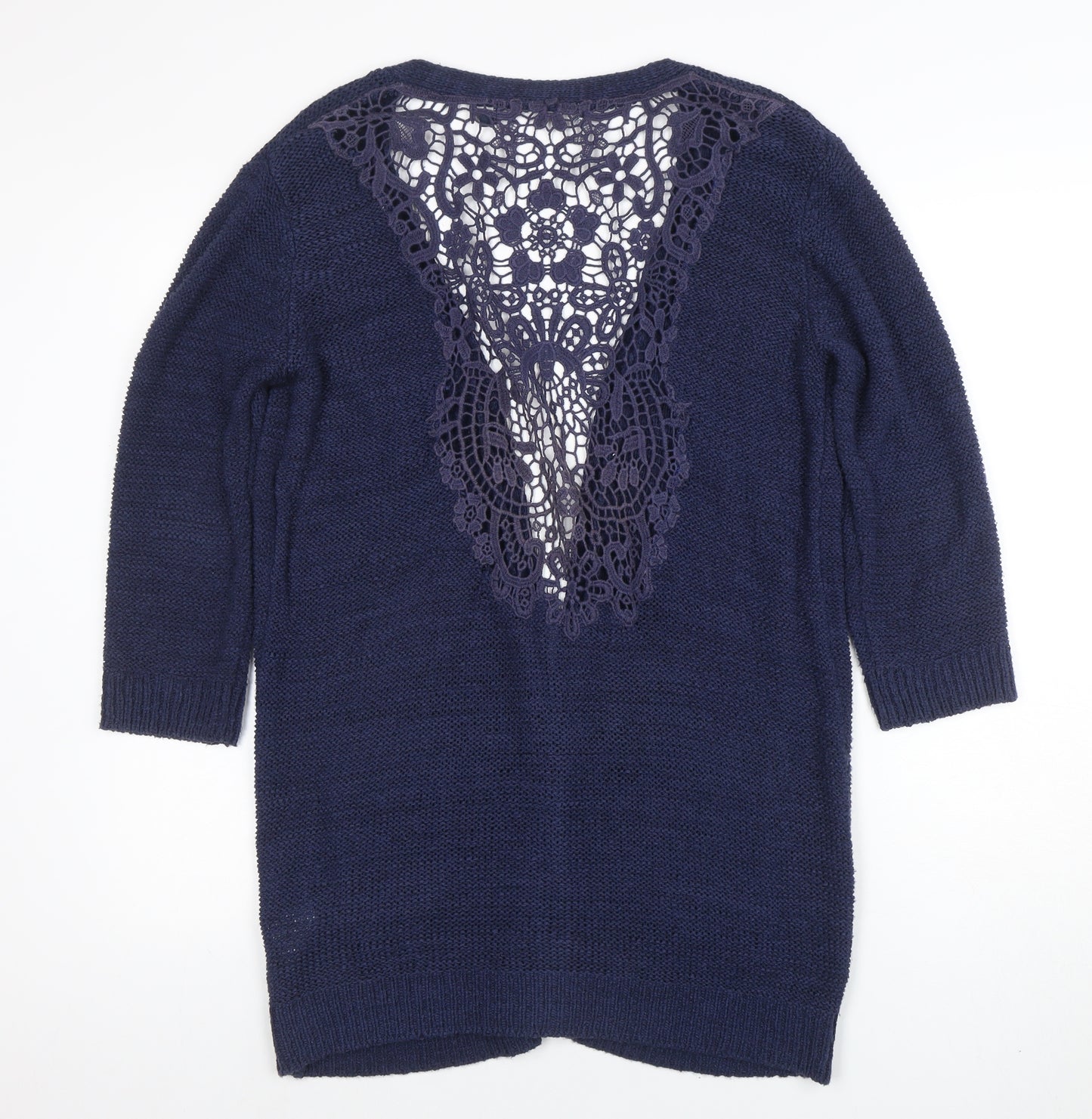 EWM Womens Blue Open Knit Lace Back Cardigan Size M 14-16