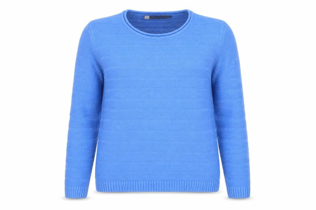 Front view of Isle Women's Blue Acrylic Crew Neck Jumper, size M, 14-16