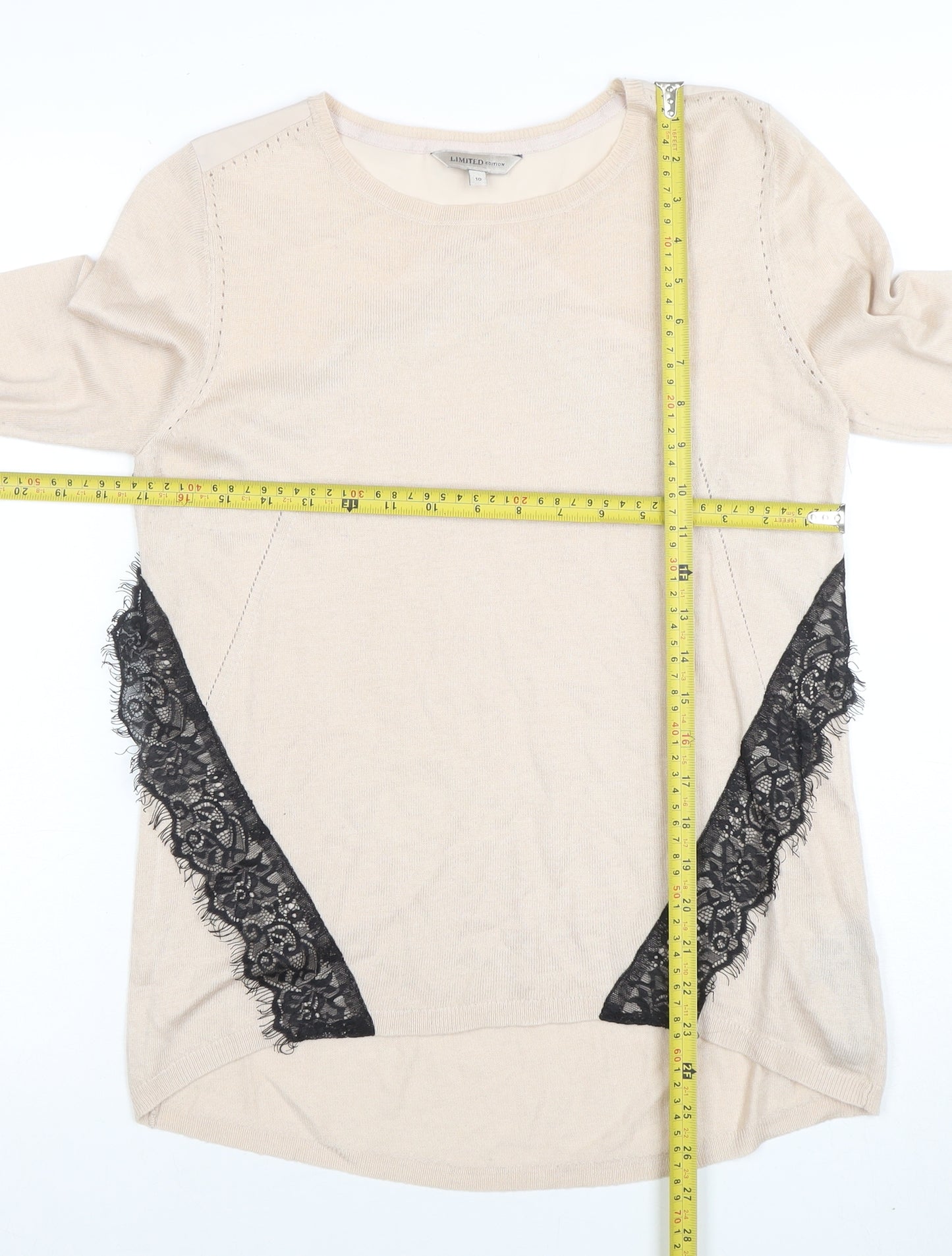 Marks and Spencer Limited Edition Beige Lace Trim Long Sleeve Knit Blouse Size 10