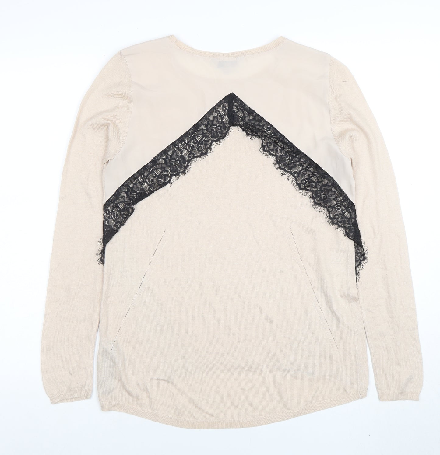 Marks and Spencer Limited Edition Beige Lace Trim Long Sleeve Knit Blouse Size 10