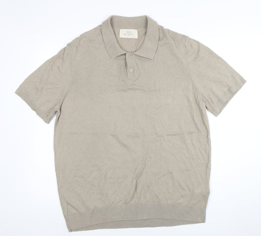 ZARA ORIGINS Men’s Beige Cotton Knit Polo Shirt L Short Sleeve