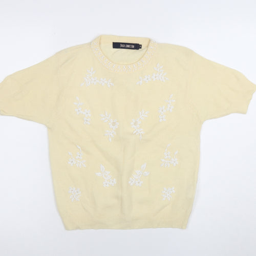 French Connection Women's Beige Embroidered Short Sleeve Pullover Jumper M