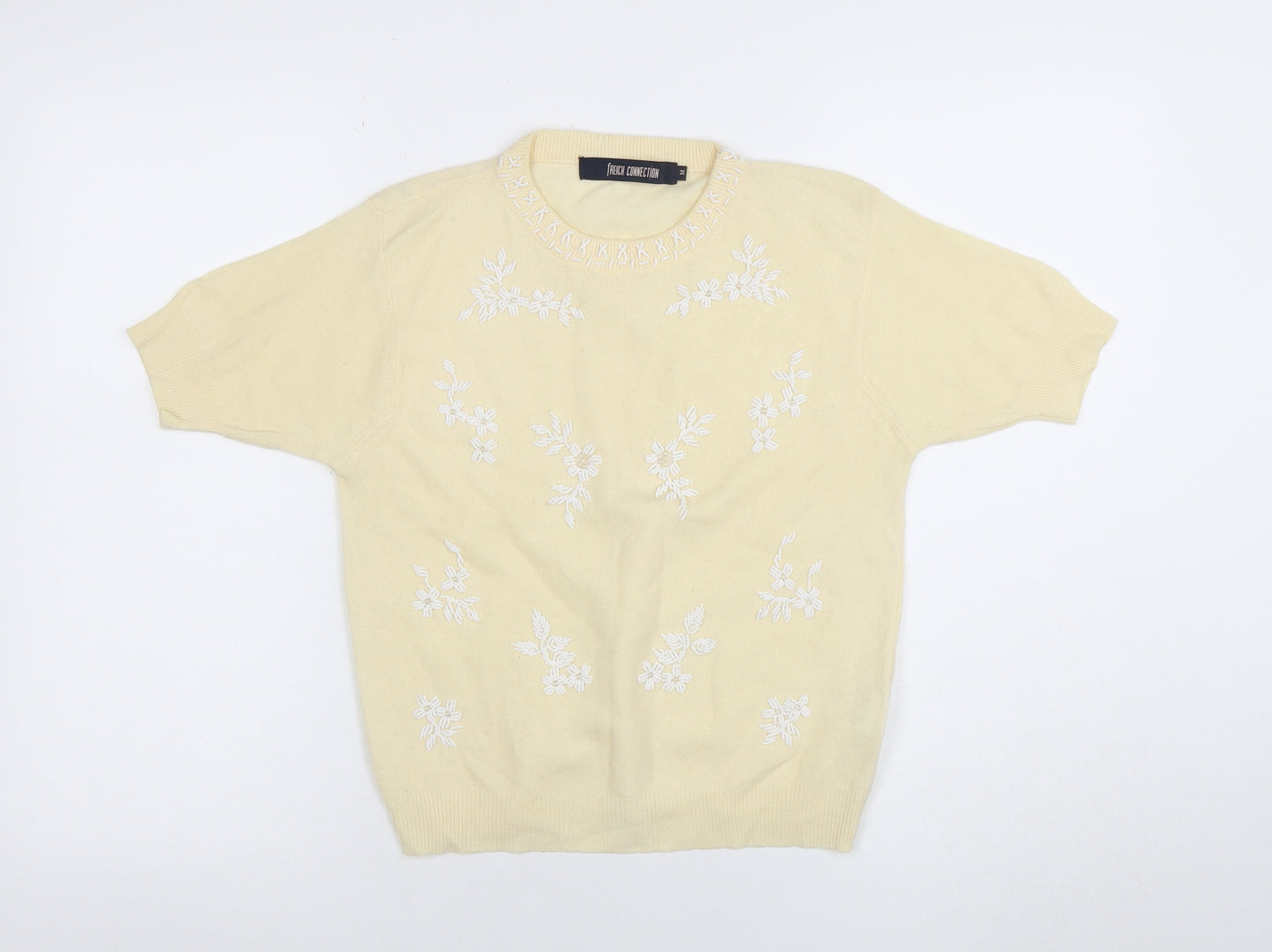 French Connection Women's Beige Embroidered Short Sleeve Pullover Jumper M
